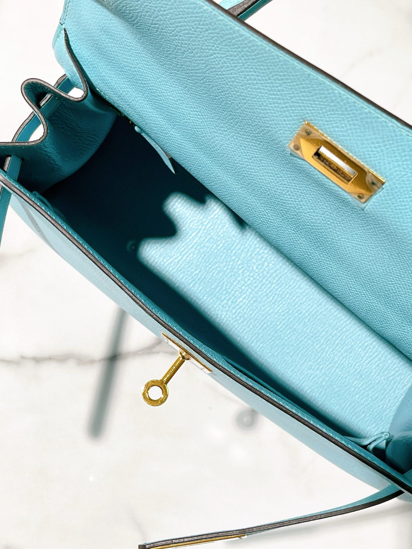 HERMES KELLY 28, Bleu Atoll/Silver