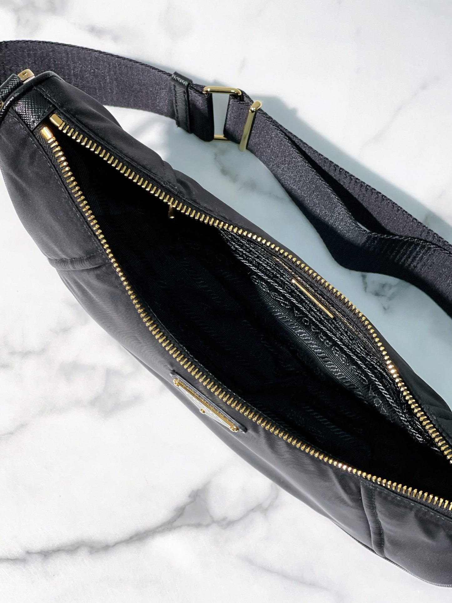 PRADA DEMI-LUNE SHOULDER BAG, Black/Gold