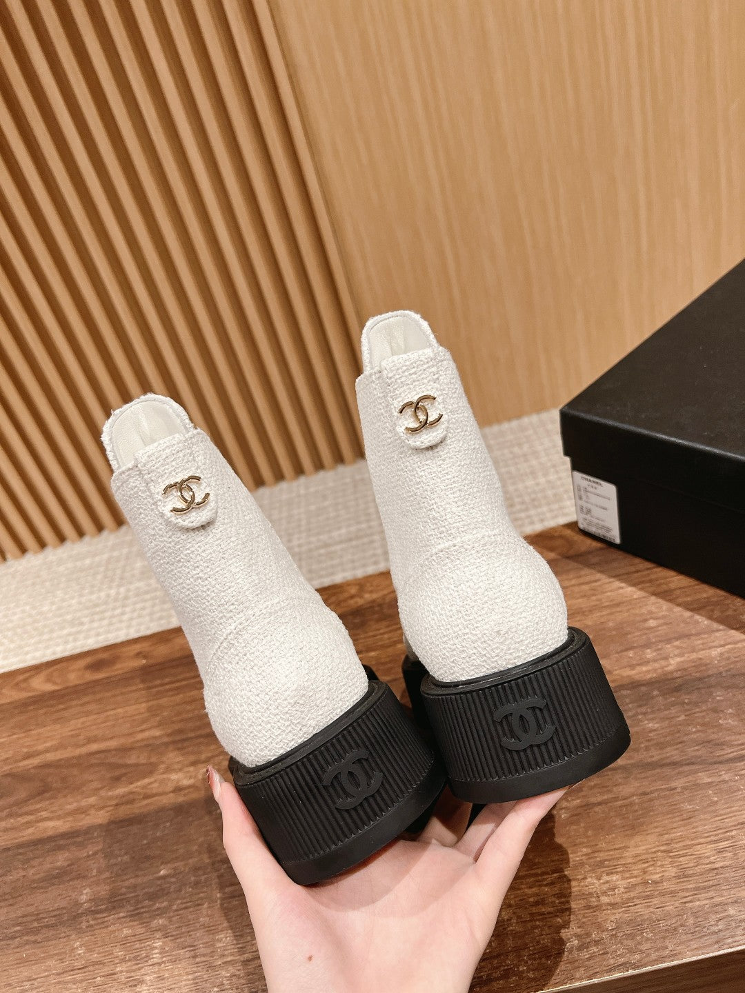 CHANEL Canvas Thick-Sole Ankle Boots, White