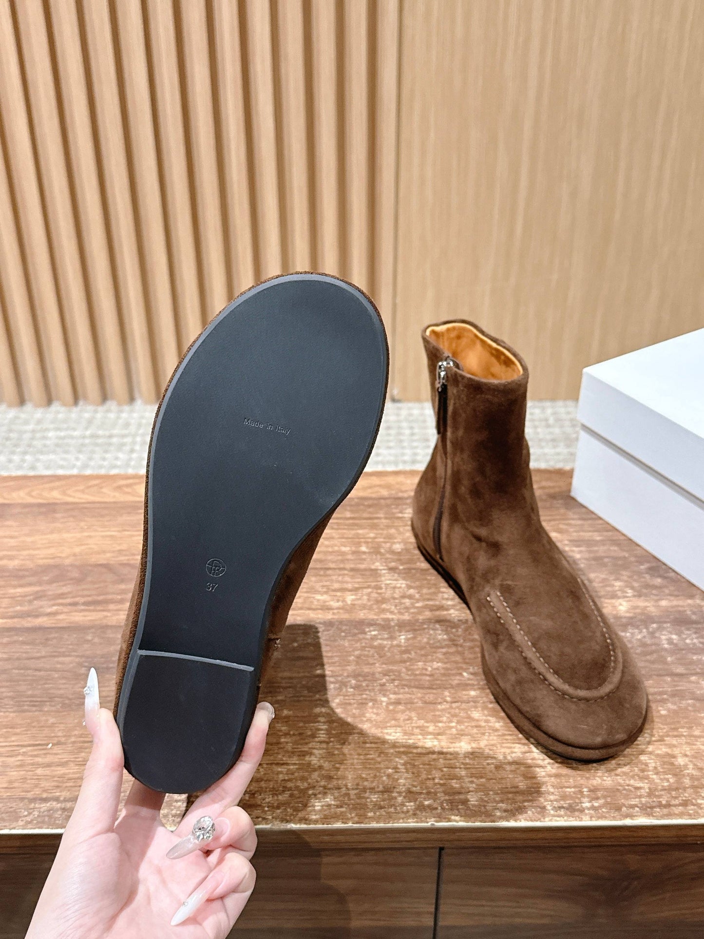 The Row Mid Calf Boots, Suede Brown