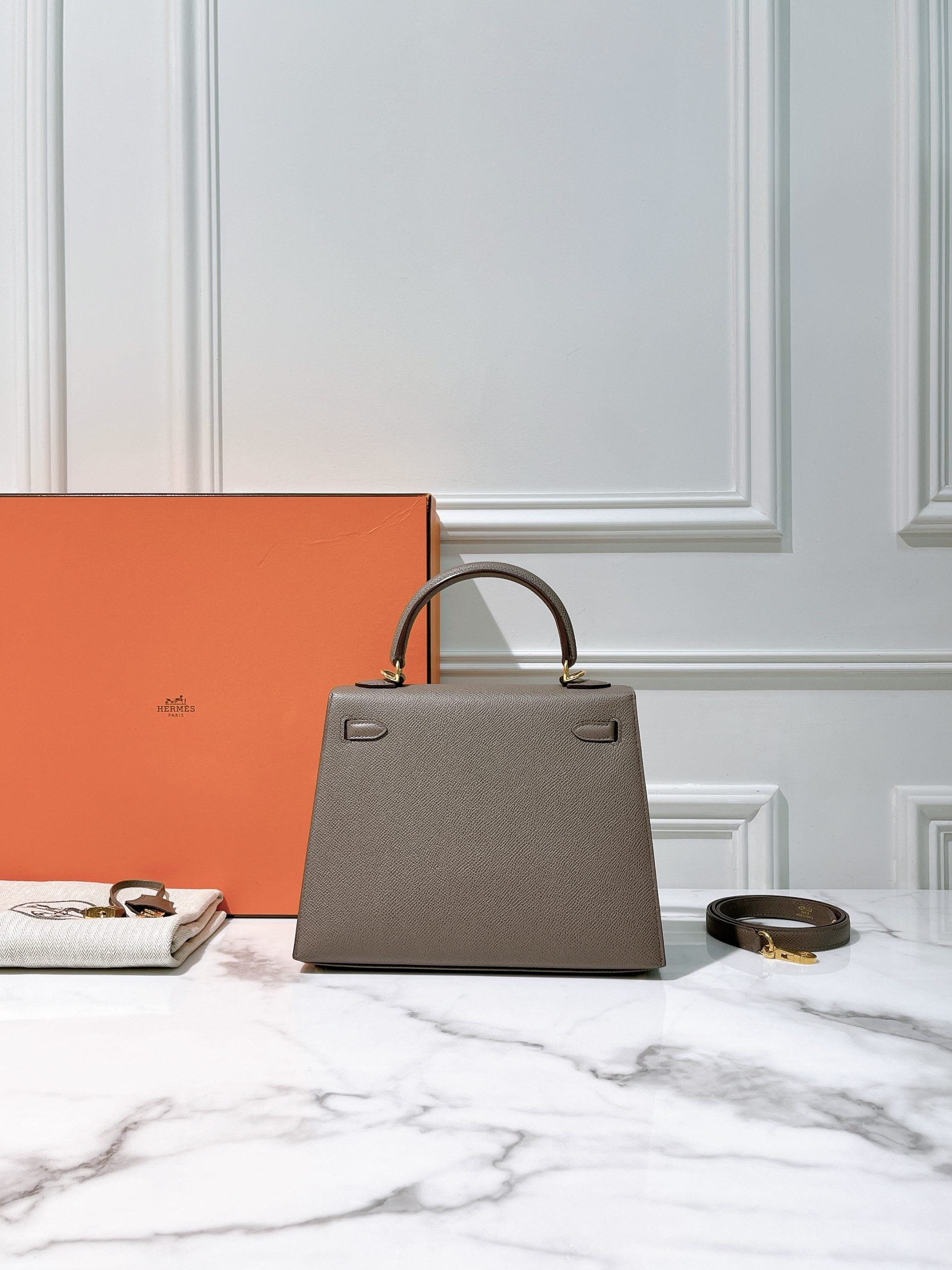 HERMES KELLY 25 GRIS ETAIN/GOLD