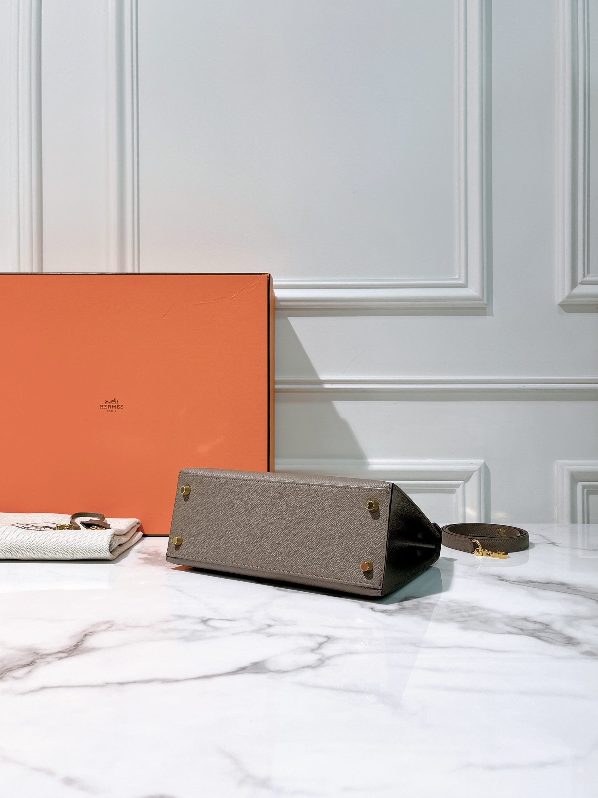 HERMES KELLY 25 GRIS ETAIN/GOLD