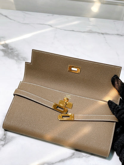 HERMES KELLY LONG WALLET ETOUPE/GOLD