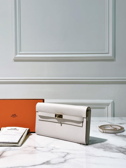 HERMES KELLY TO GO, GRIS PALE/GOLD