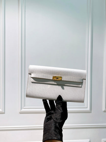 HERMES KELLY TO GO, GRIS PALE/GOLD