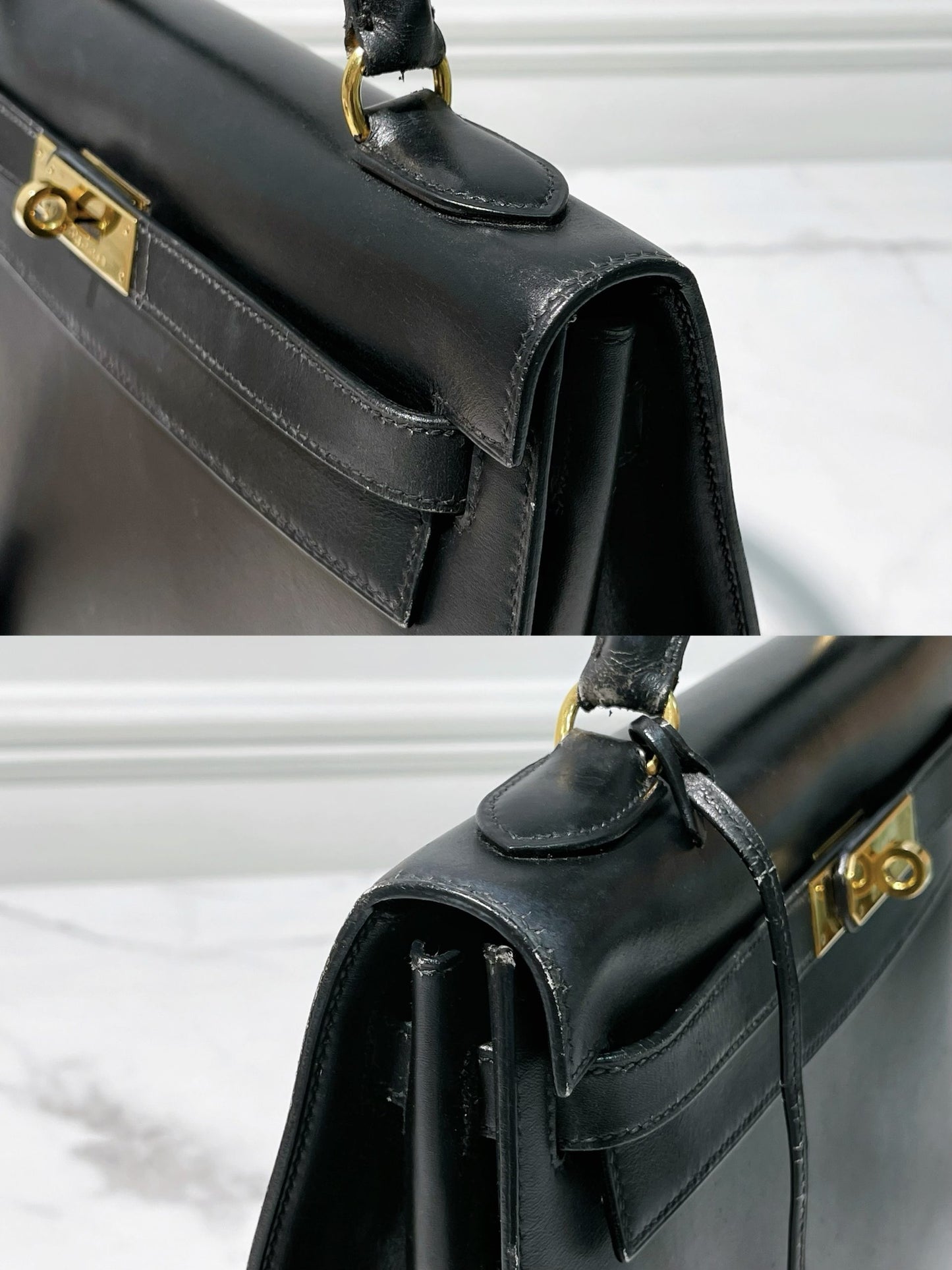 HERMES VINTAGE KELLY 32, NOIR/GOLD