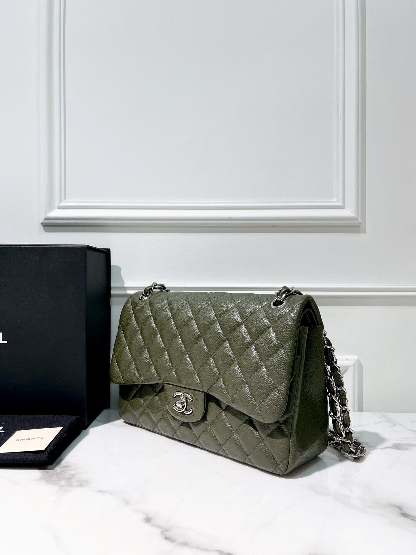 CHANEL JUMBO CLASSIC FLAP, Green/Silver
