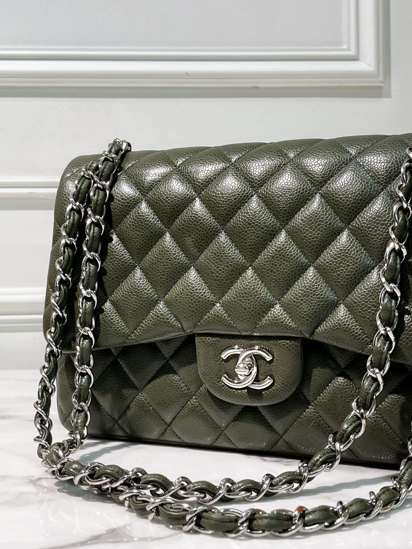 CHANEL JUMBO CLASSIC FLAP, Green/Silver