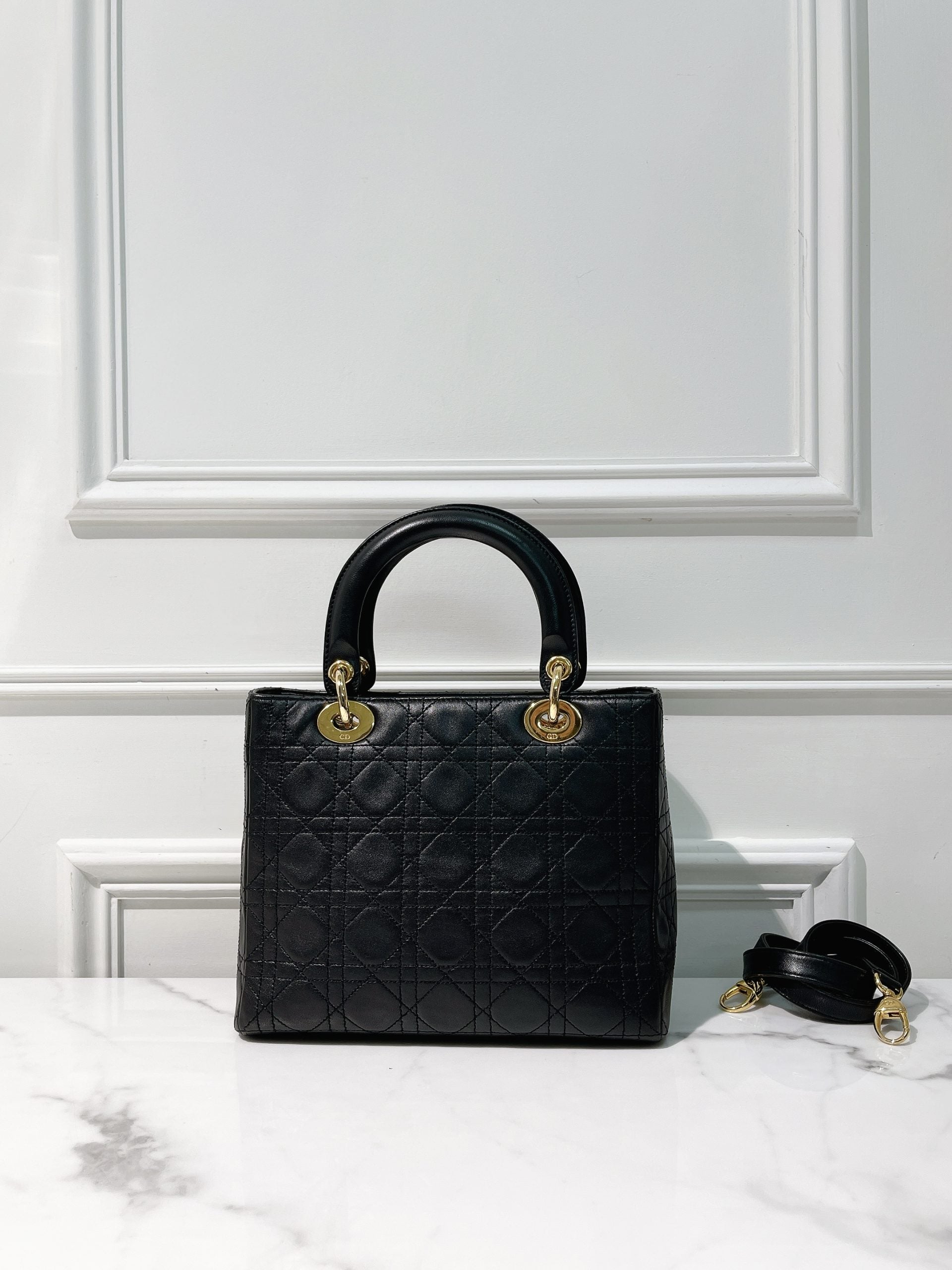 DIOR VINTAGE MEDIUM LADY DIOR, Black/Gold