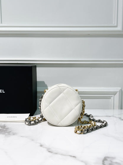 CHANEL 19 ROUND CLUTCH, White/Gold