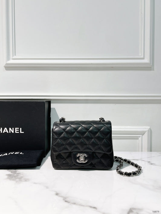 CHANEL MINI SQUARE FLAP, Black/Silver