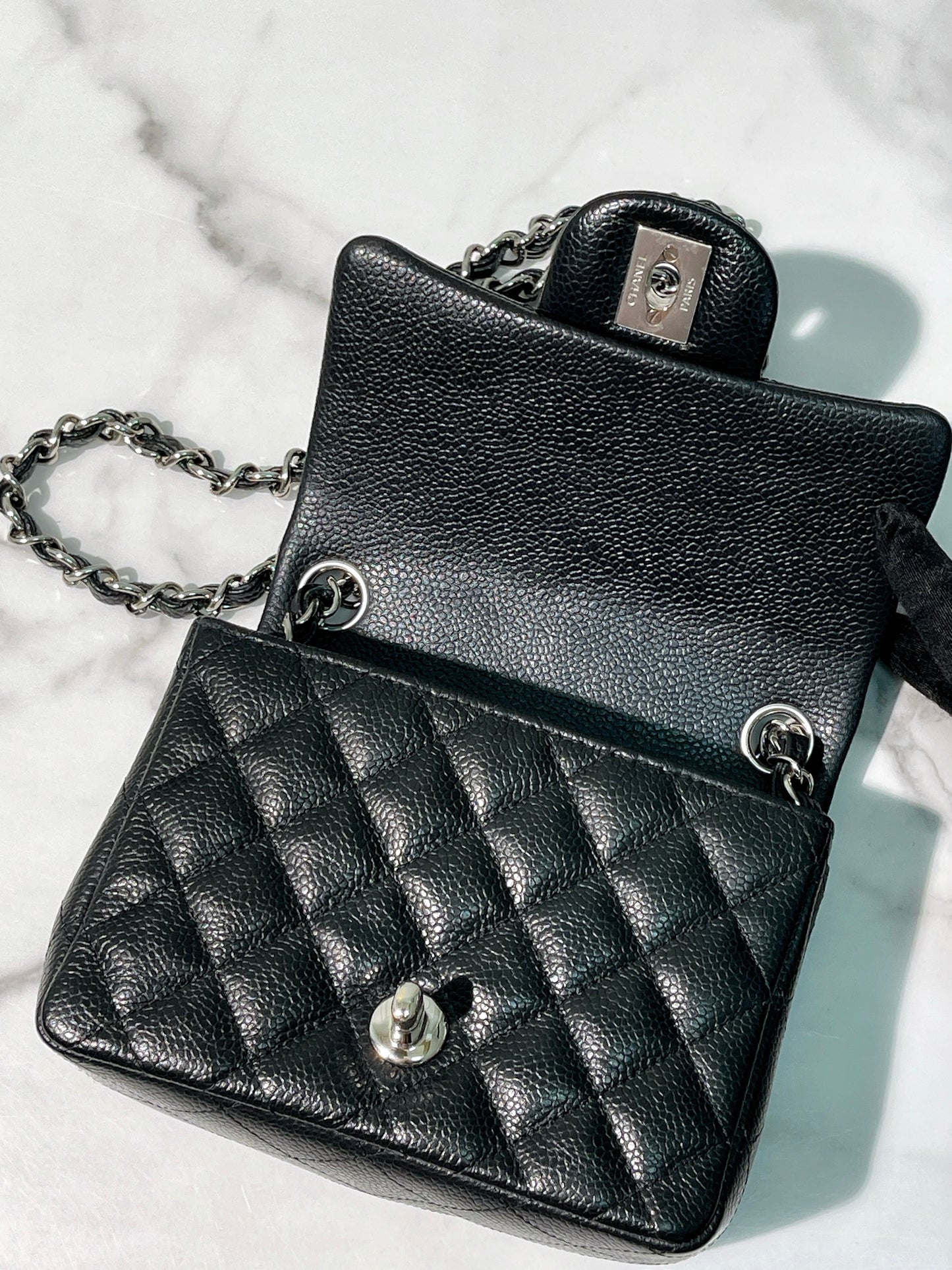 CHANEL MINI SQUARE FLAP, Black/Silver