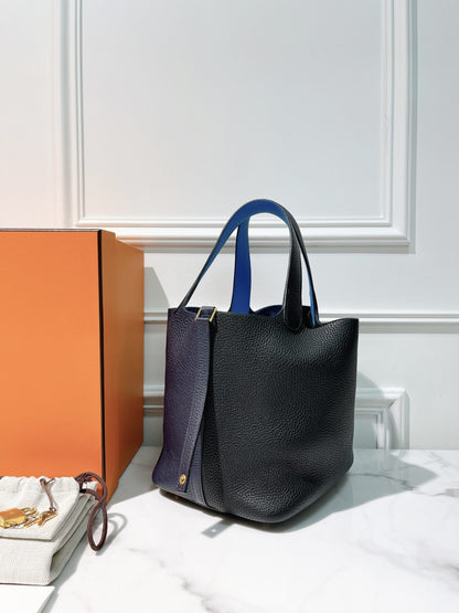 HERMES PICOTIN 22, Bleu Niut/Noir/Blue Frida/Gold