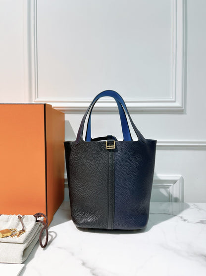 HERMES PICOTIN 22, Bleu Niut/Noir/Blue Frida/Gold