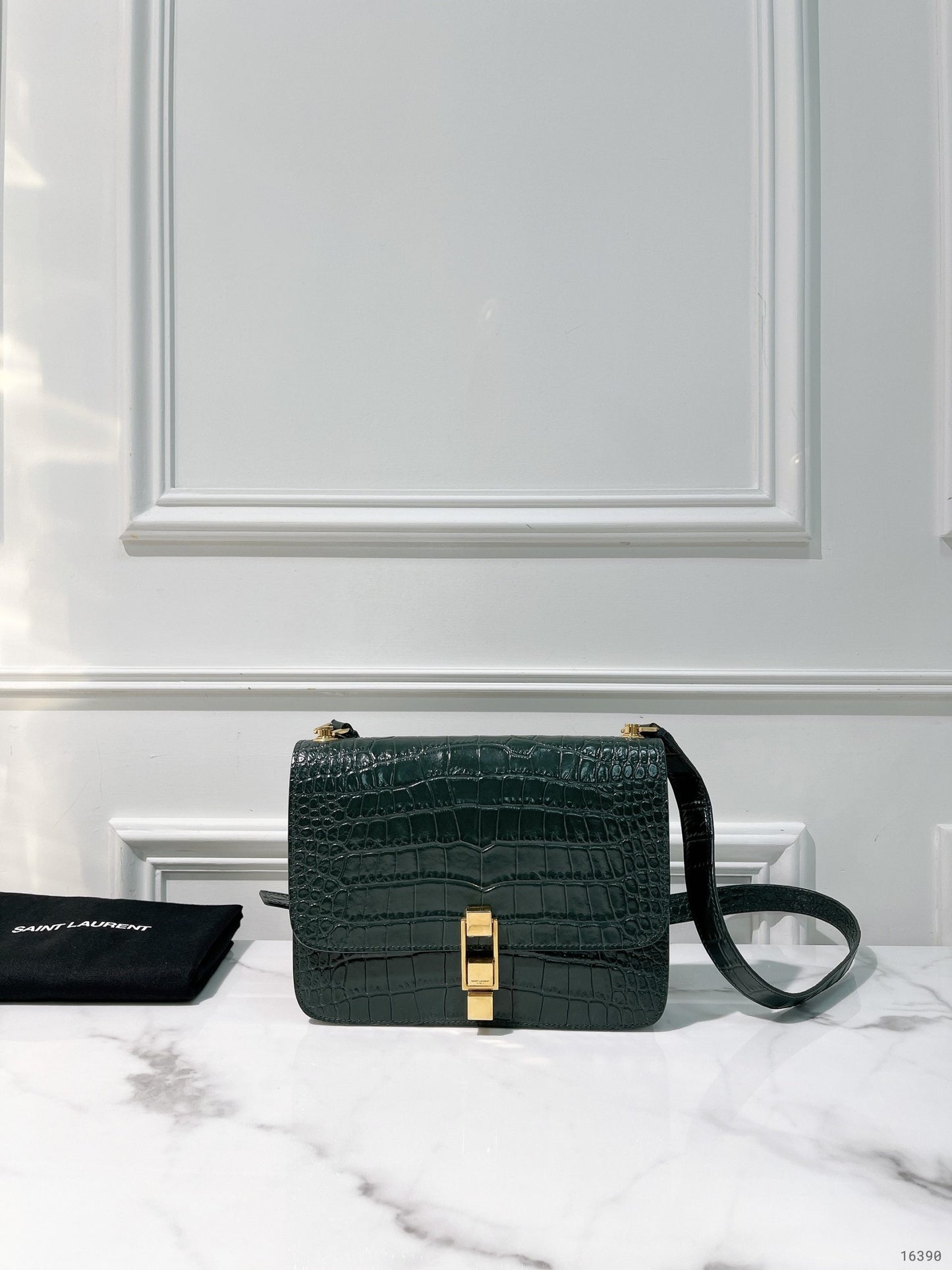 YSL CARRE SHOULDER BAG, Green/Gold