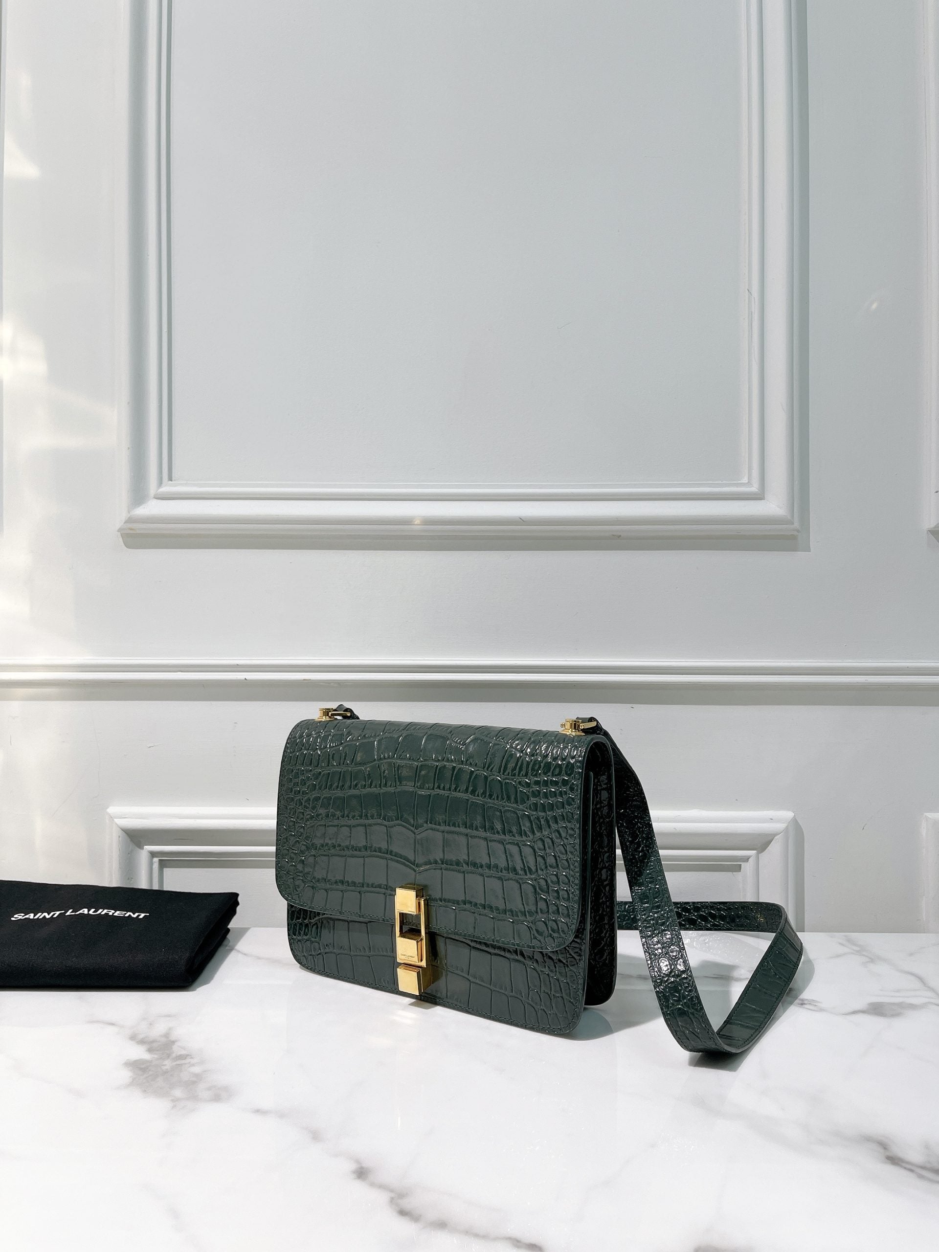 YSL CARRE SHOULDER BAG, Green/Gold