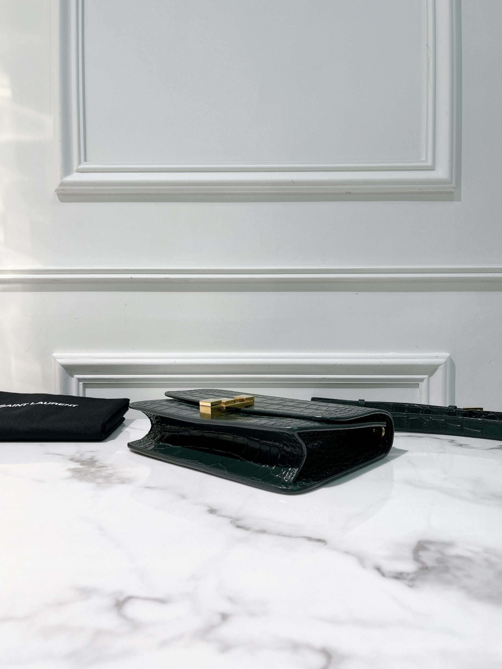 YSL CARRE SHOULDER BAG, Green/Gold