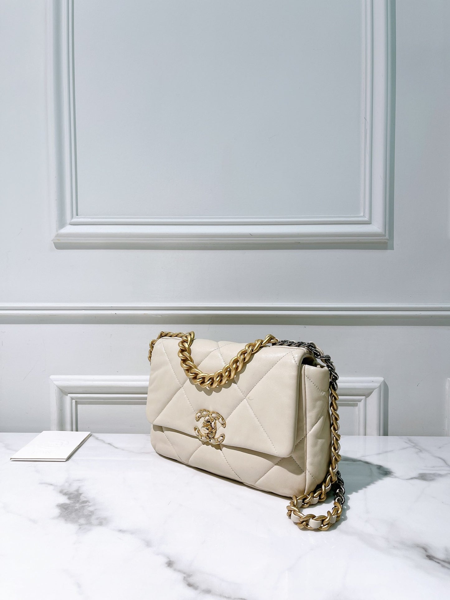 CHANEL SMALL 19 BAG, Beige/Gold