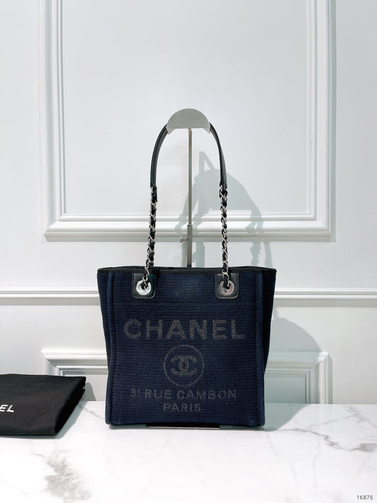 CHANEL SMALL SHOPPING TOTE, Navy/Silver
