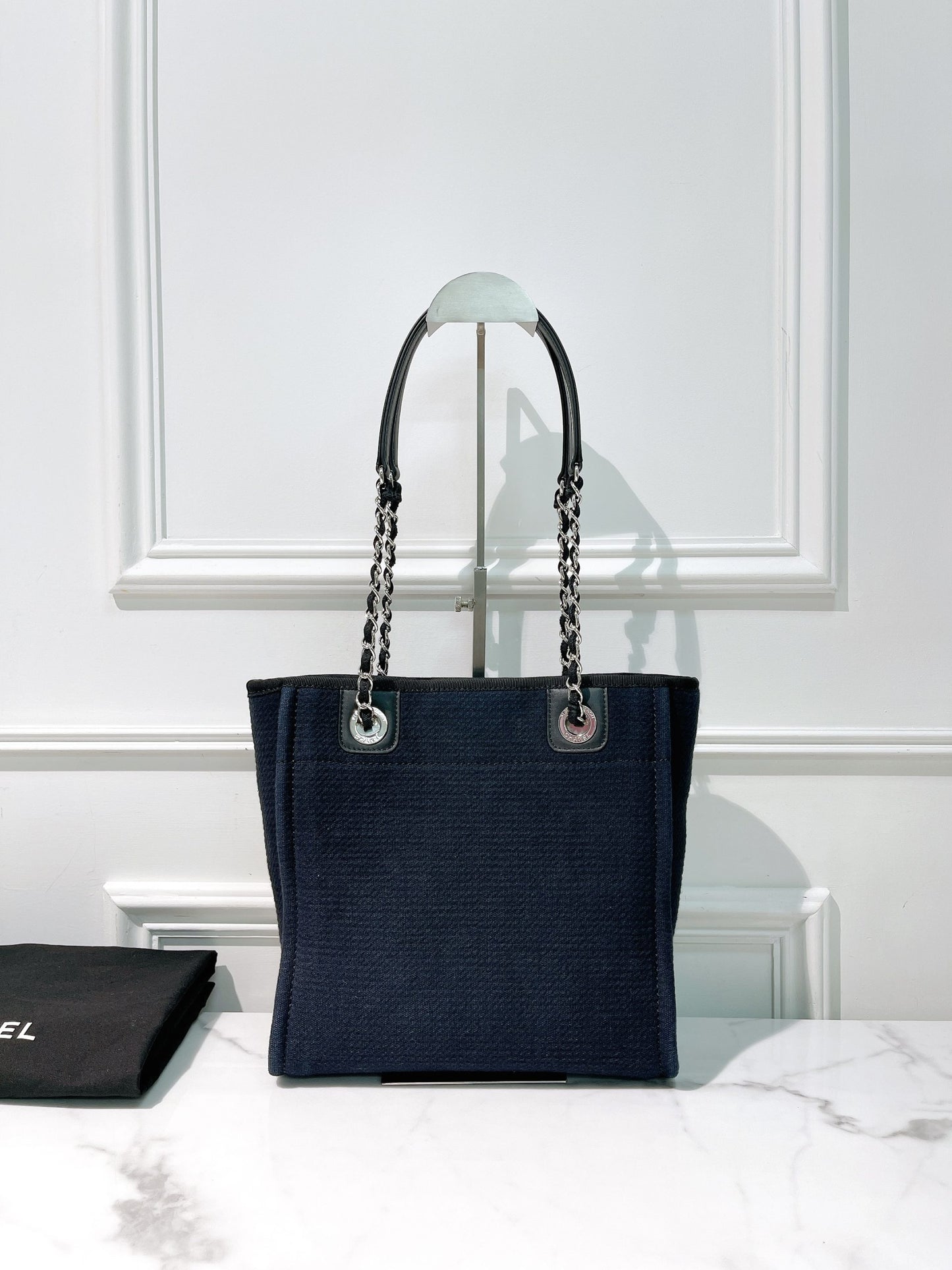 CHANEL SMALL SHOPPING TOTE, Navy/Silver