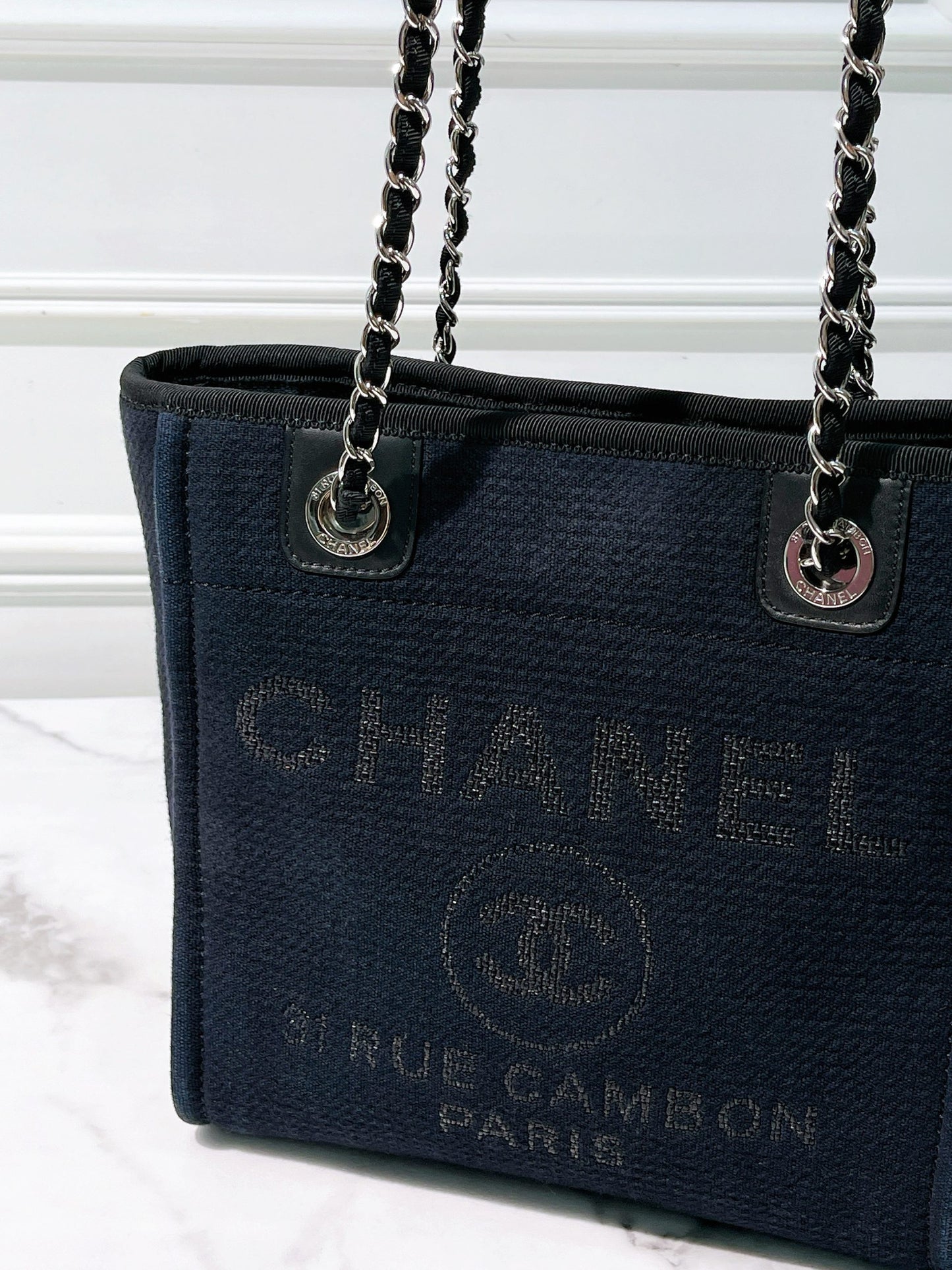 CHANEL SMALL SHOPPING TOTE, Navy/Silver