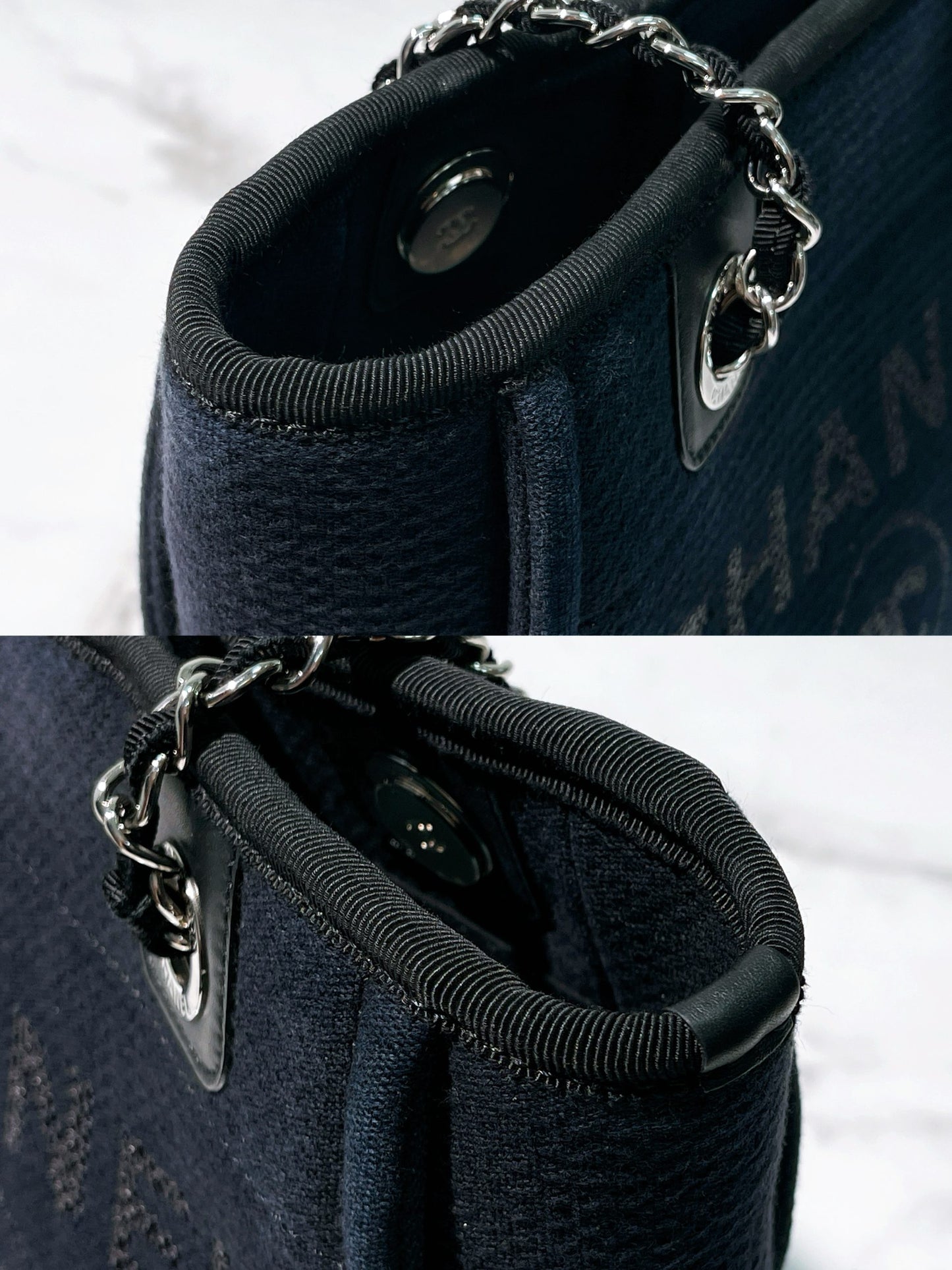 CHANEL SMALL SHOPPING TOTE, Navy/Silver