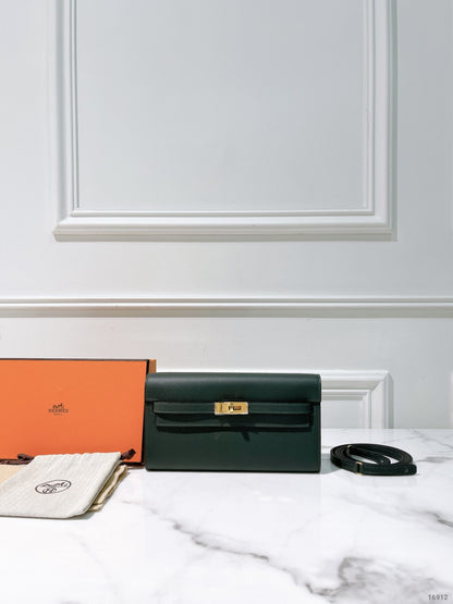 HERMES KELLY TO GO, Vert Fonce/Gold