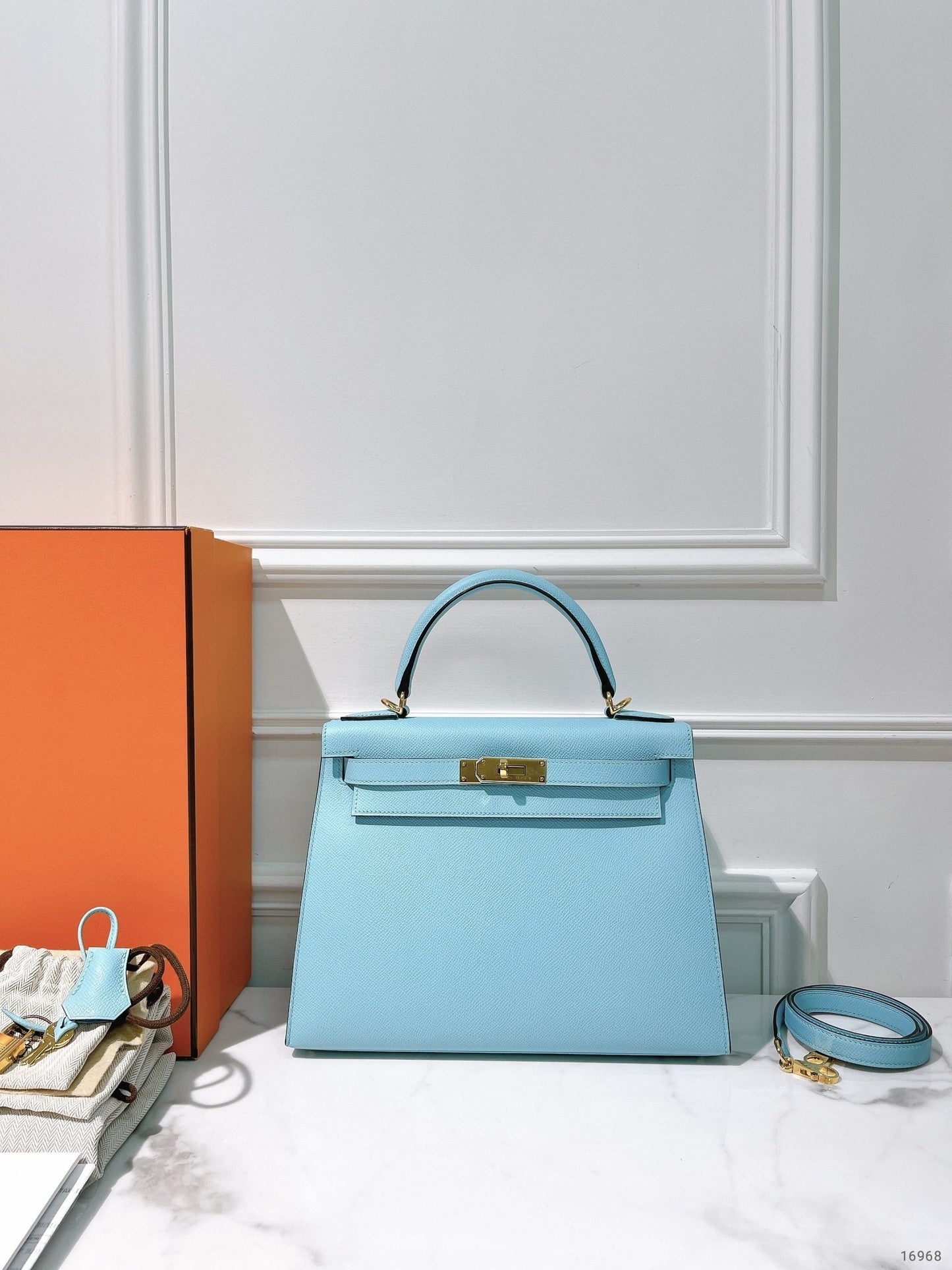 HERMES KELLY 28, Bleu Atoll/Silver