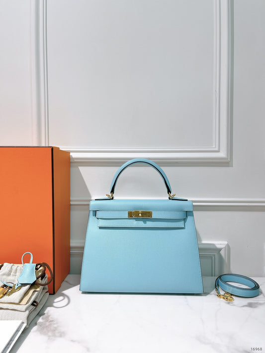HERMES KELLY 28, Bleu Atoll/Silver
