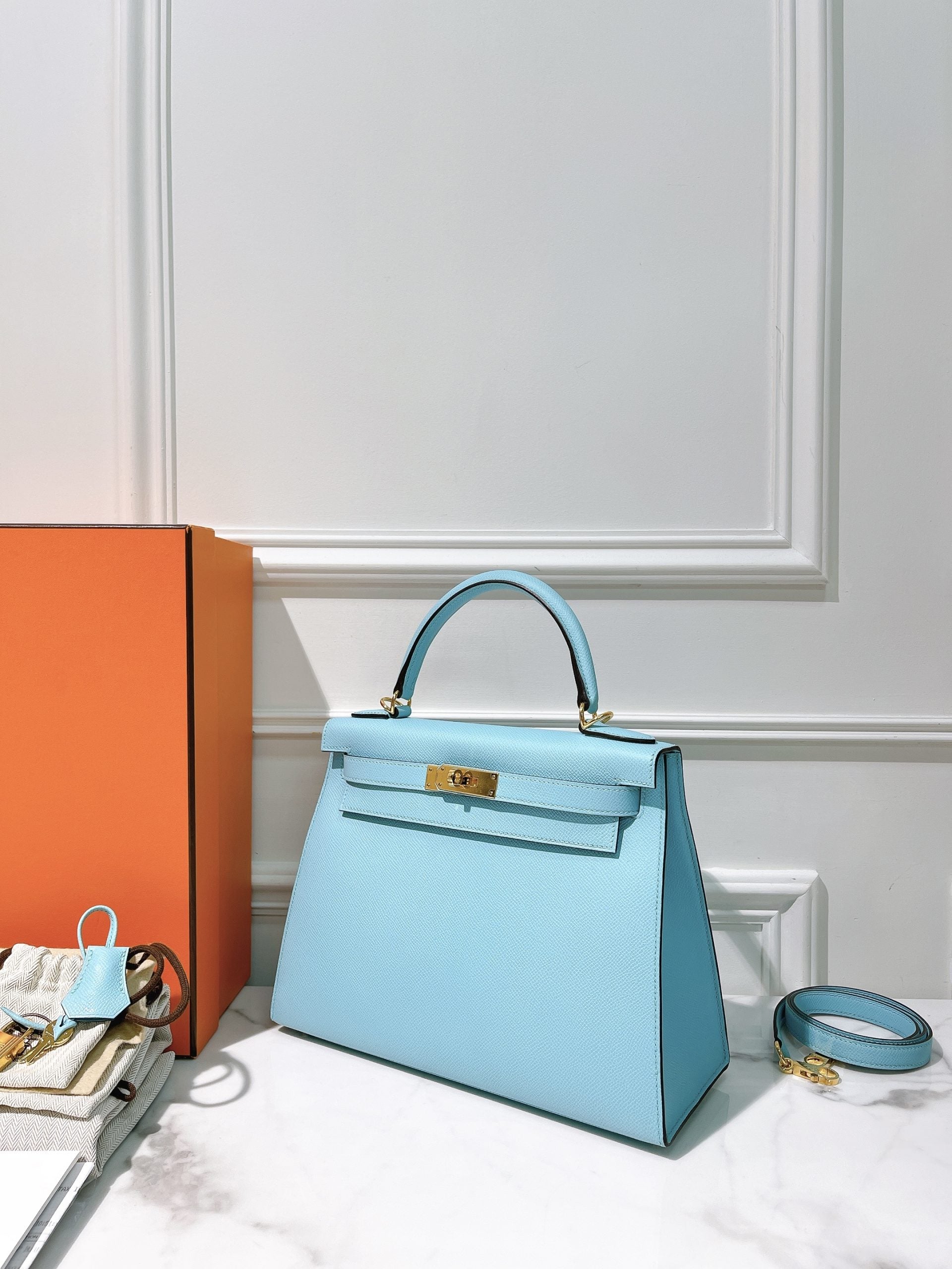 HERMES KELLY 28, Bleu Atoll/Silver