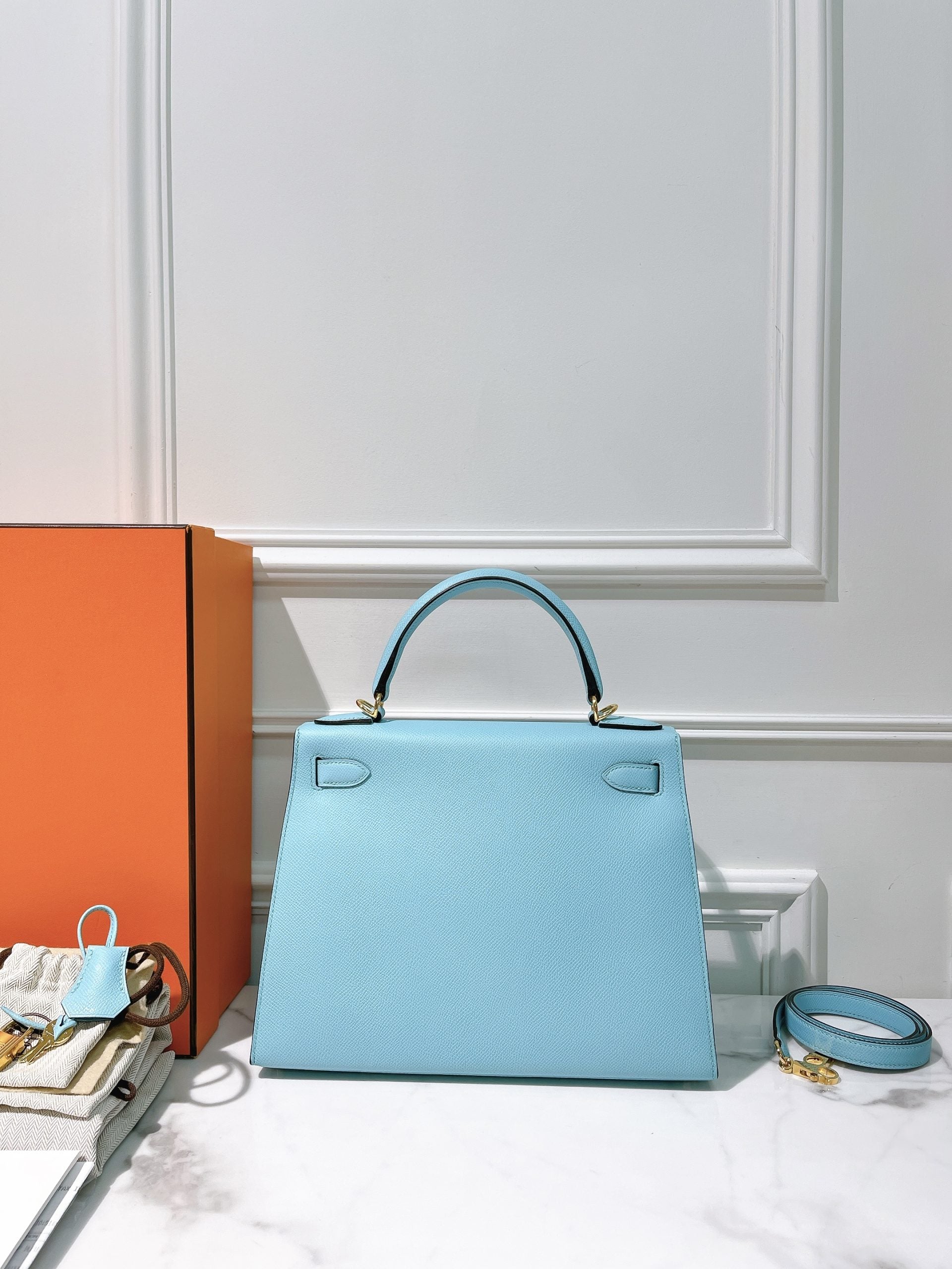 HERMES KELLY 28, Bleu Atoll/Silver