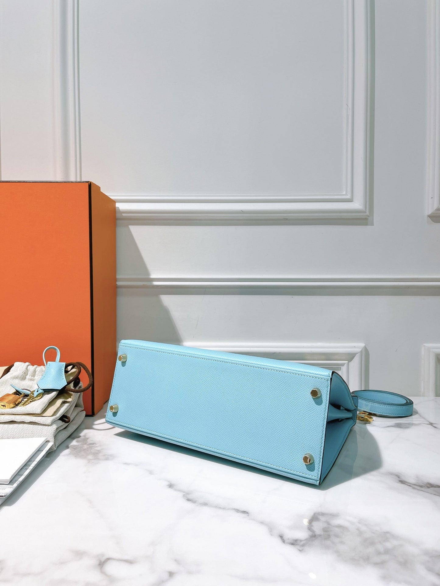 HERMES KELLY 28, Bleu Atoll/Silver