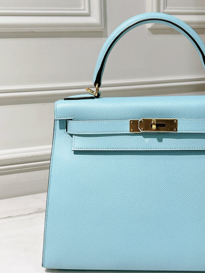 HERMES KELLY 28, Bleu Atoll/Silver