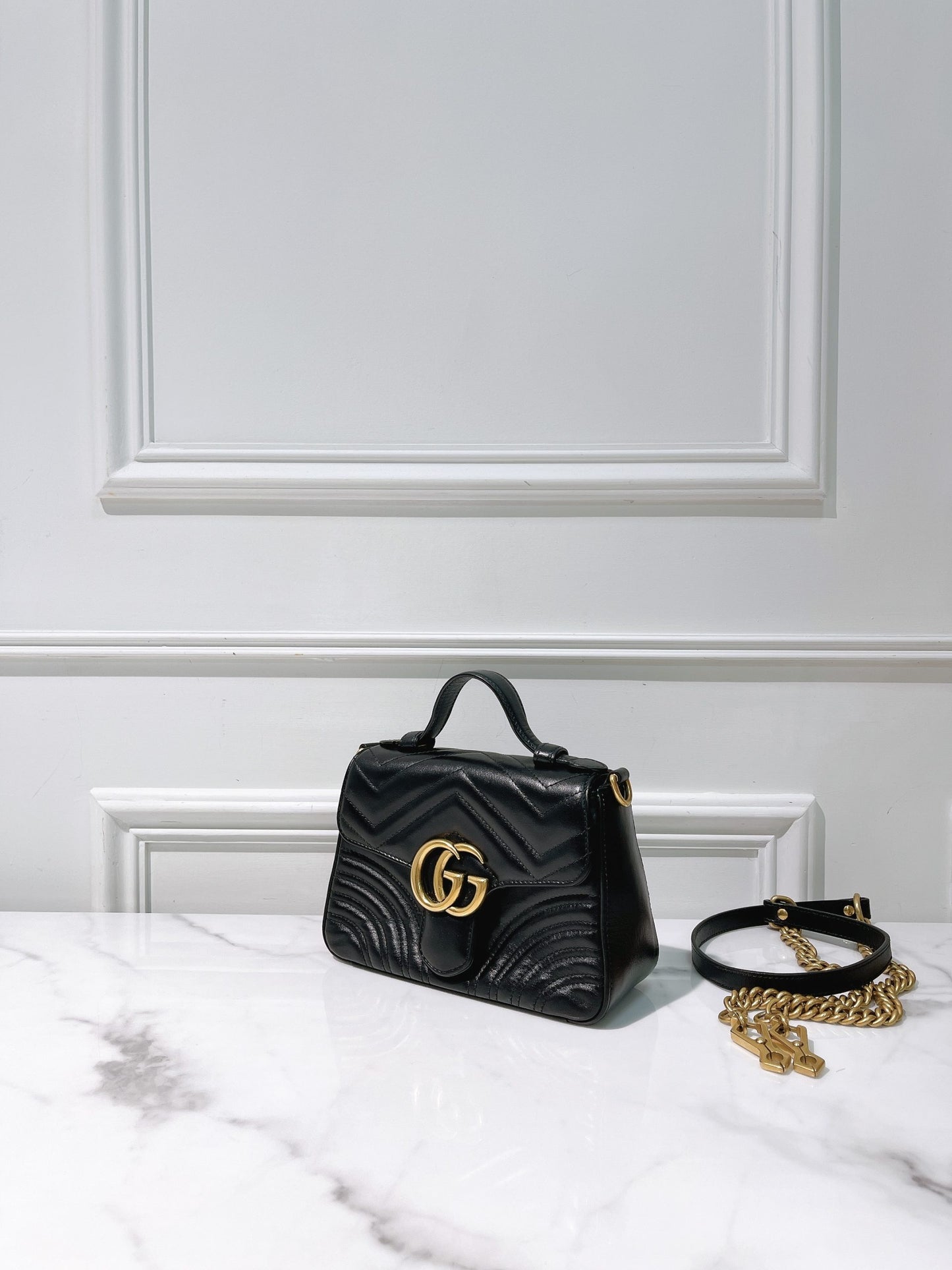 GUCCI MARMONT TOP HANDLE BAG, Black/Gold