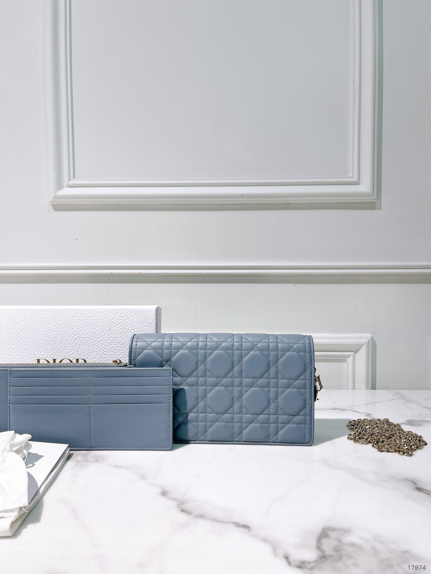 DIOR LADY DIOR POUCH WITH CHAIN, Blue/Gold