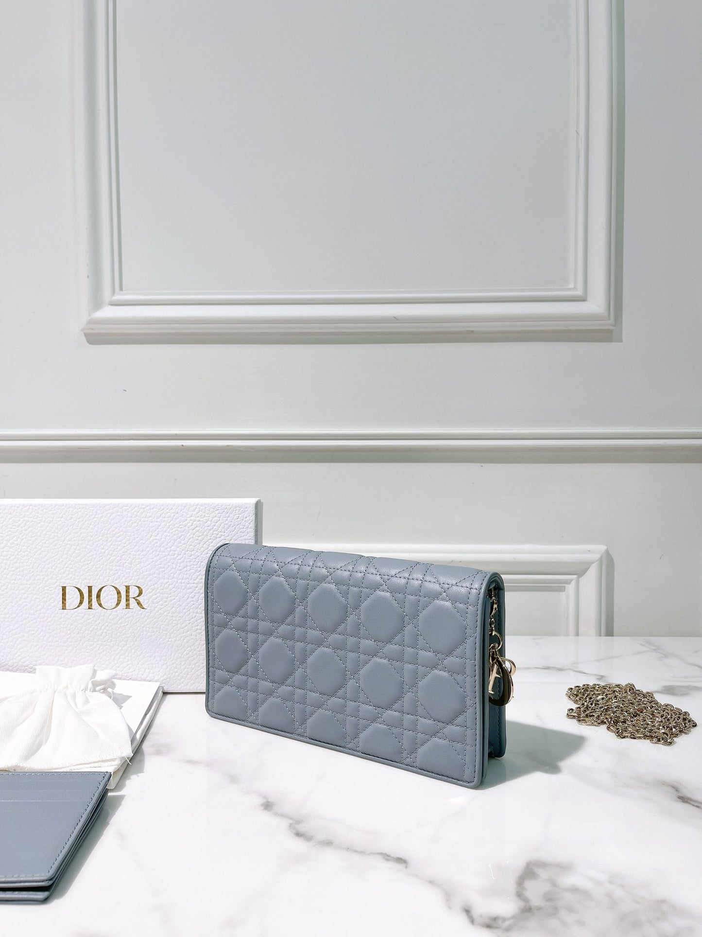 DIOR LADY DIOR POUCH WITH CHAIN, Blue/Gold