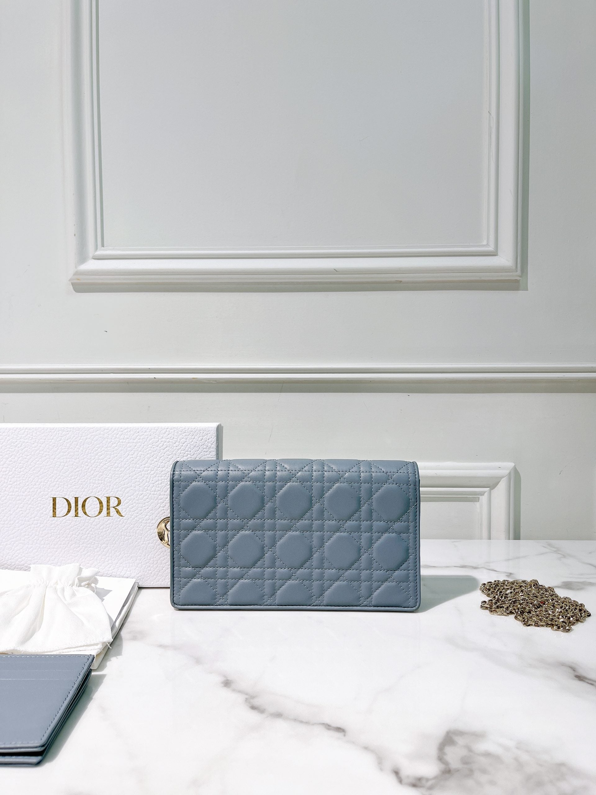 DIOR LADY DIOR POUCH WITH CHAIN, Blue/Gold