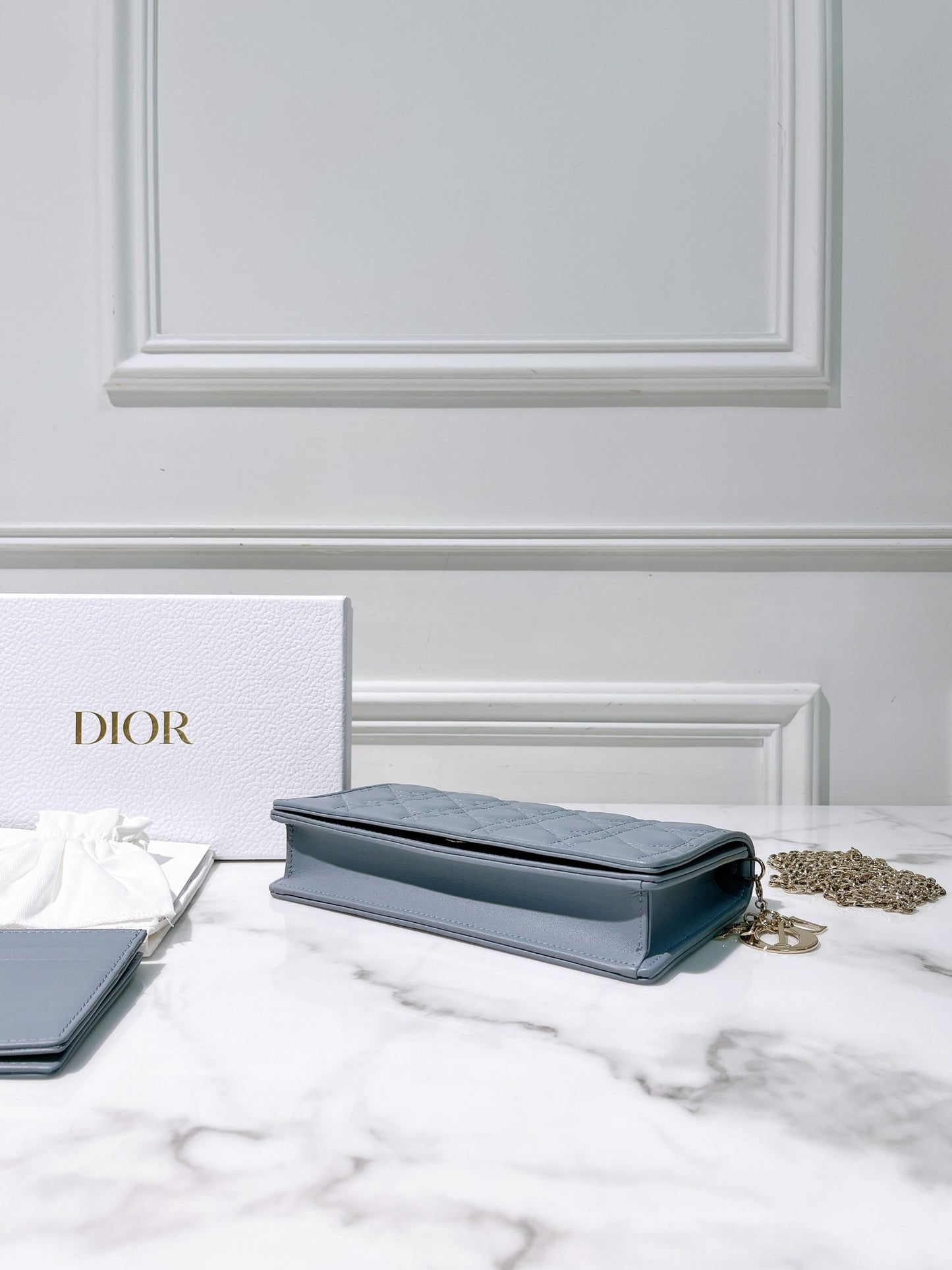 DIOR LADY DIOR POUCH WITH CHAIN, Blue/Gold