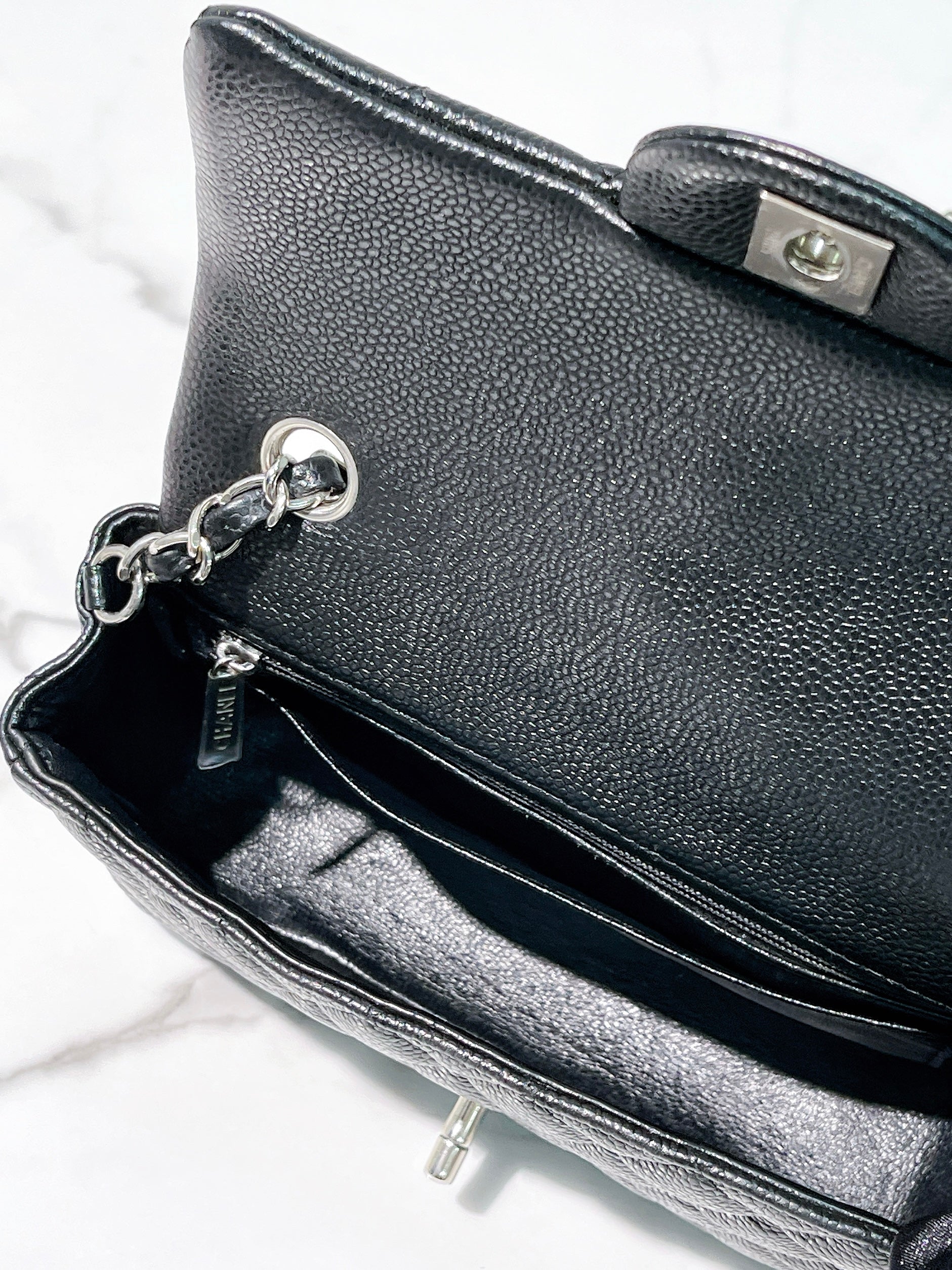 CHANEL MINI FLAP, Black/Silver