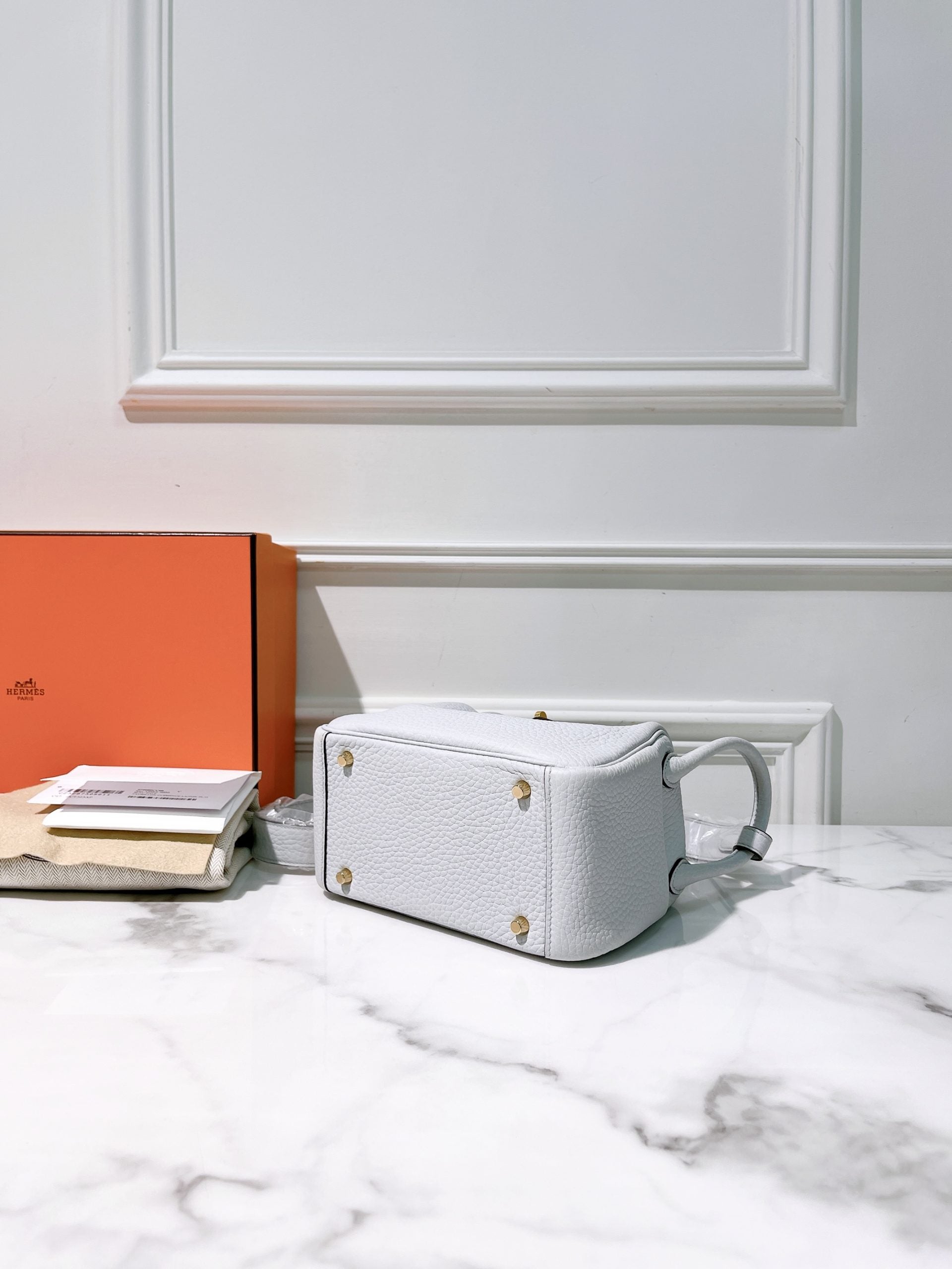 HERMES MINI LINDY, Bleu Pale/Gold