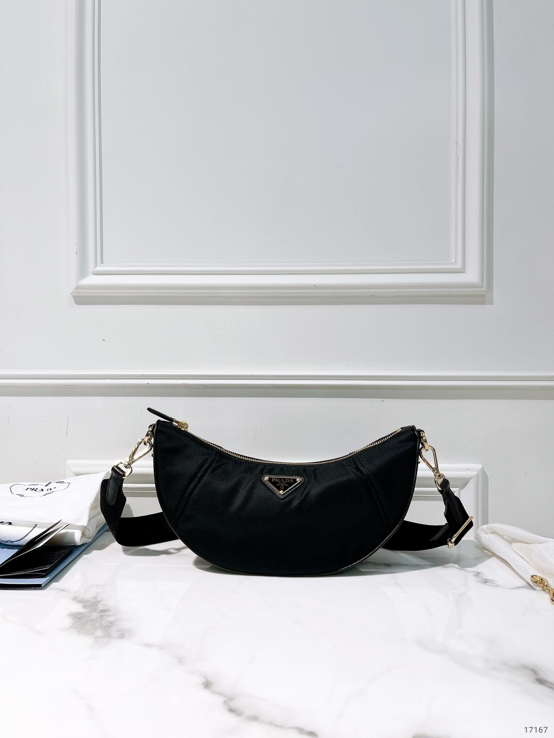 PRADA DEMI-LUNE SHOULDER BAG, Black/Gold