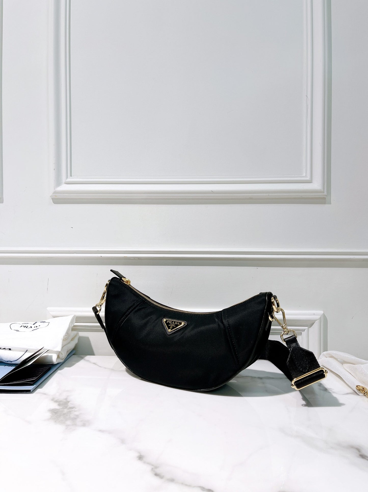 PRADA DEMI-LUNE SHOULDER BAG, Black/Gold