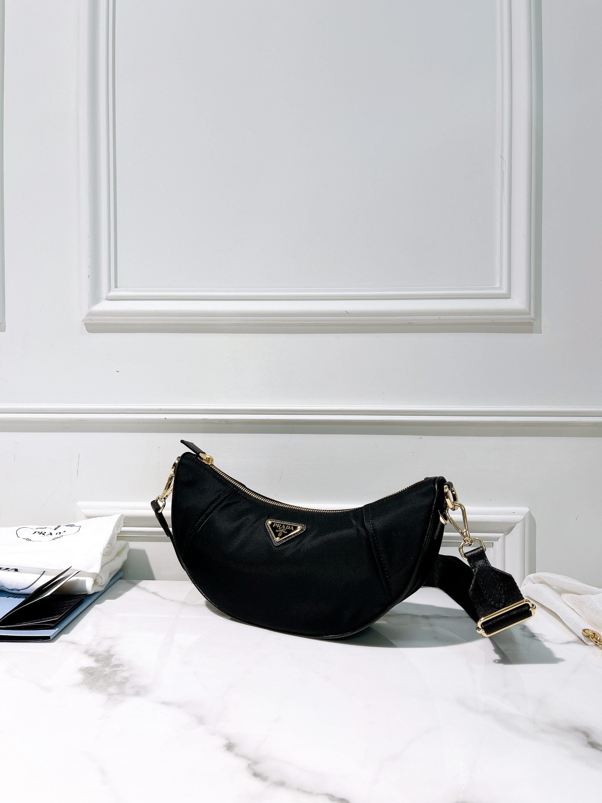 PRADA DEMI-LUNE SHOULDER BAG, Black/Gold