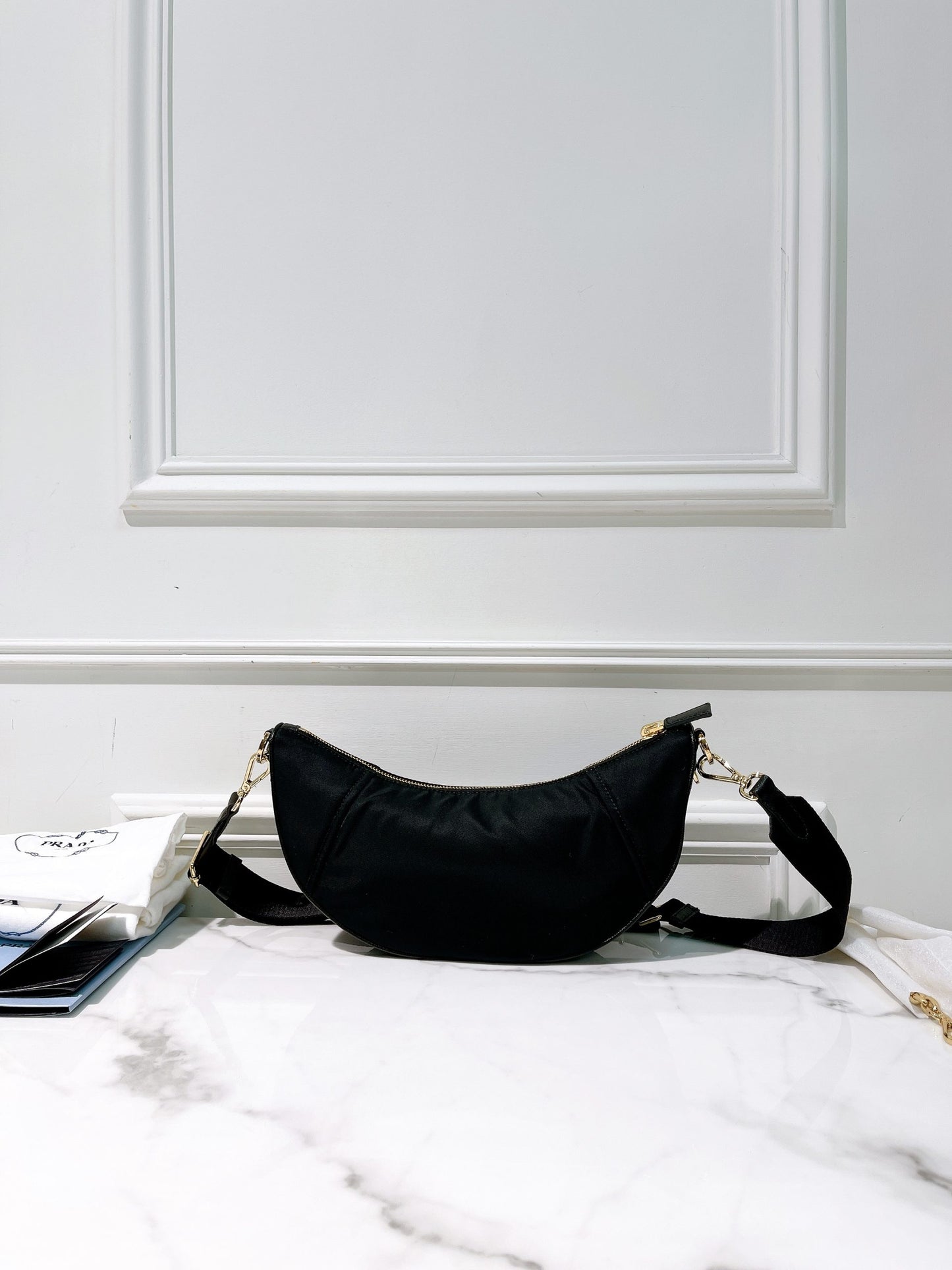 PRADA DEMI-LUNE SHOULDER BAG, Black/Gold