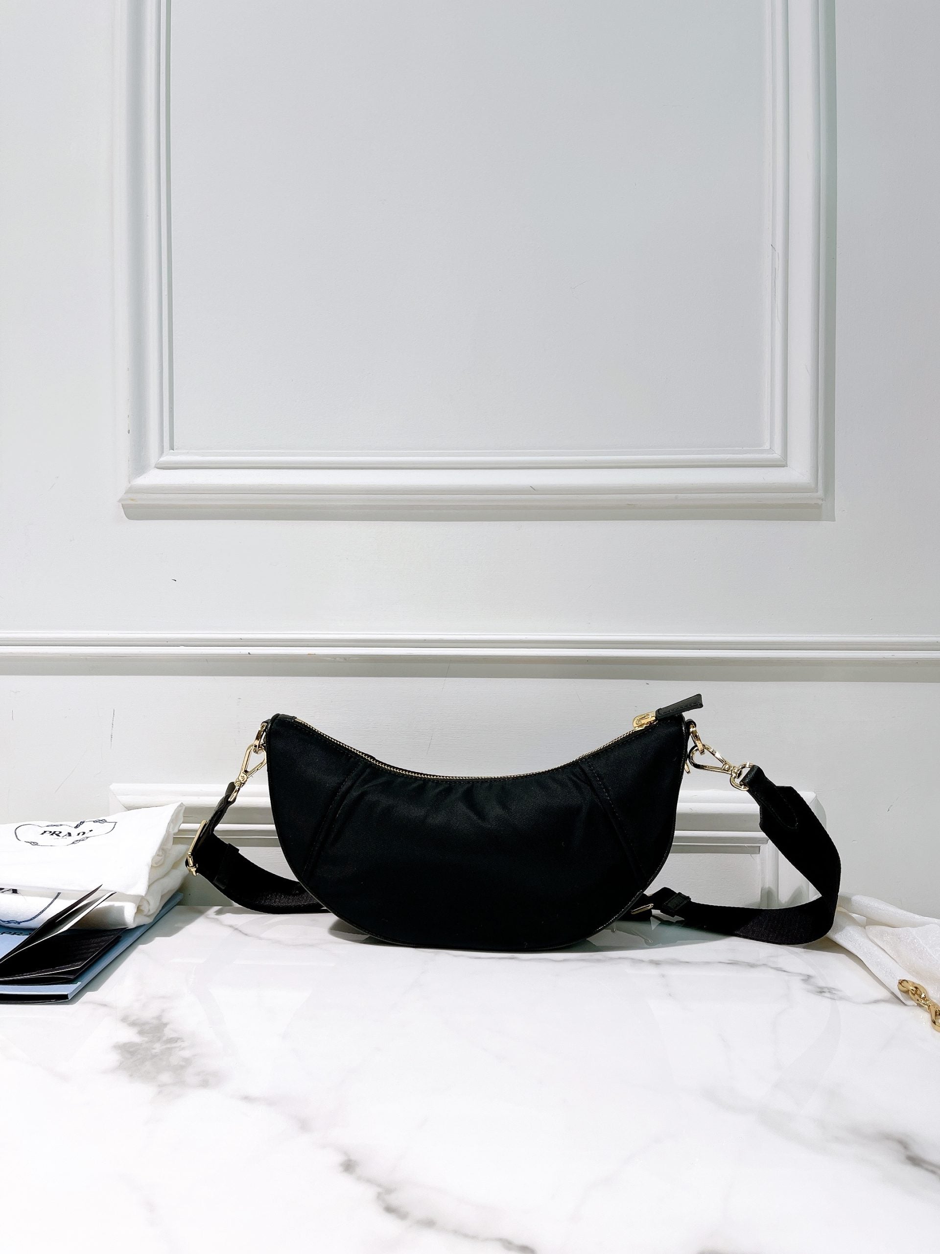 PRADA DEMI-LUNE SHOULDER BAG, Black/Gold