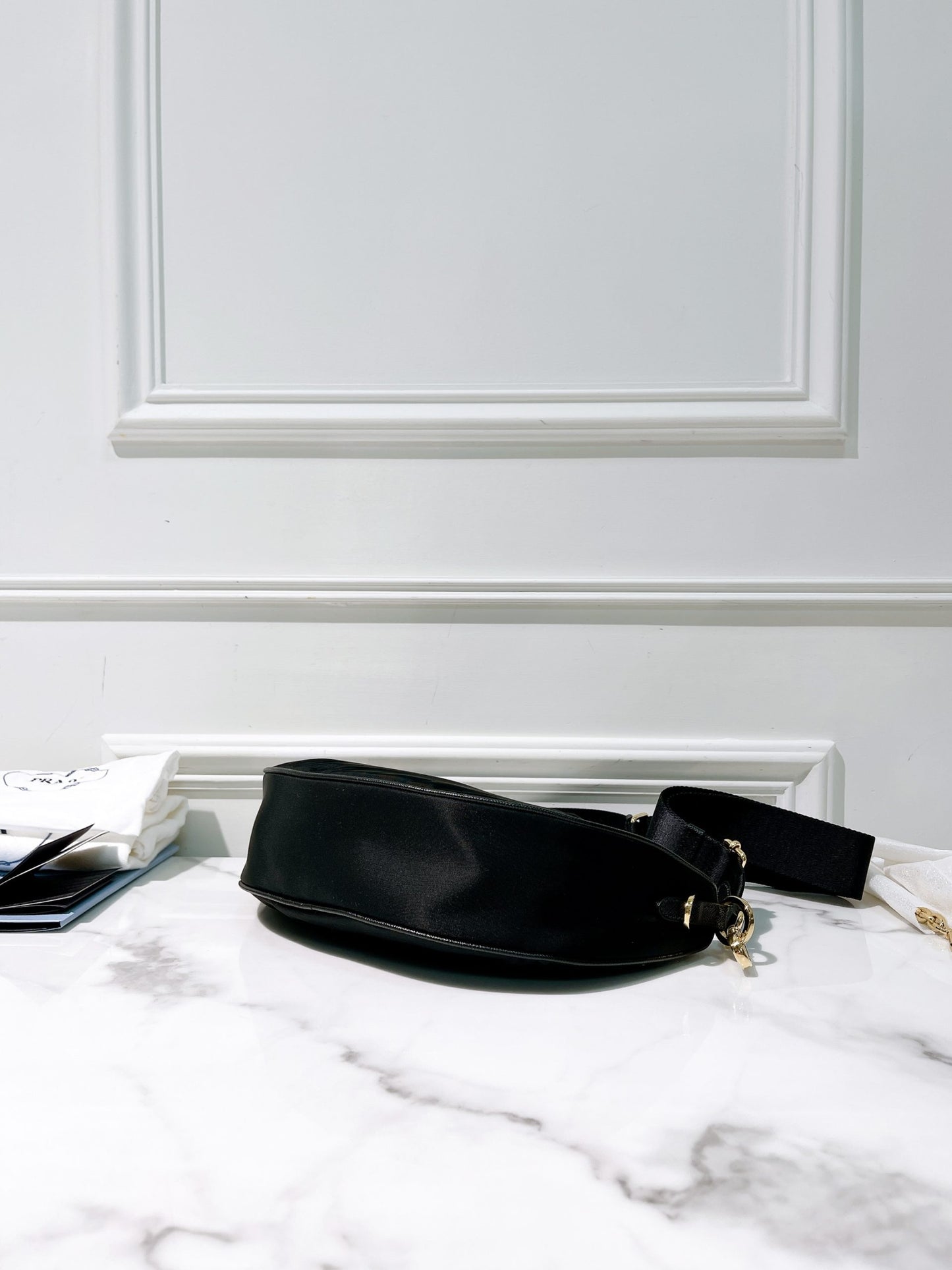 PRADA DEMI-LUNE SHOULDER BAG, Black/Gold