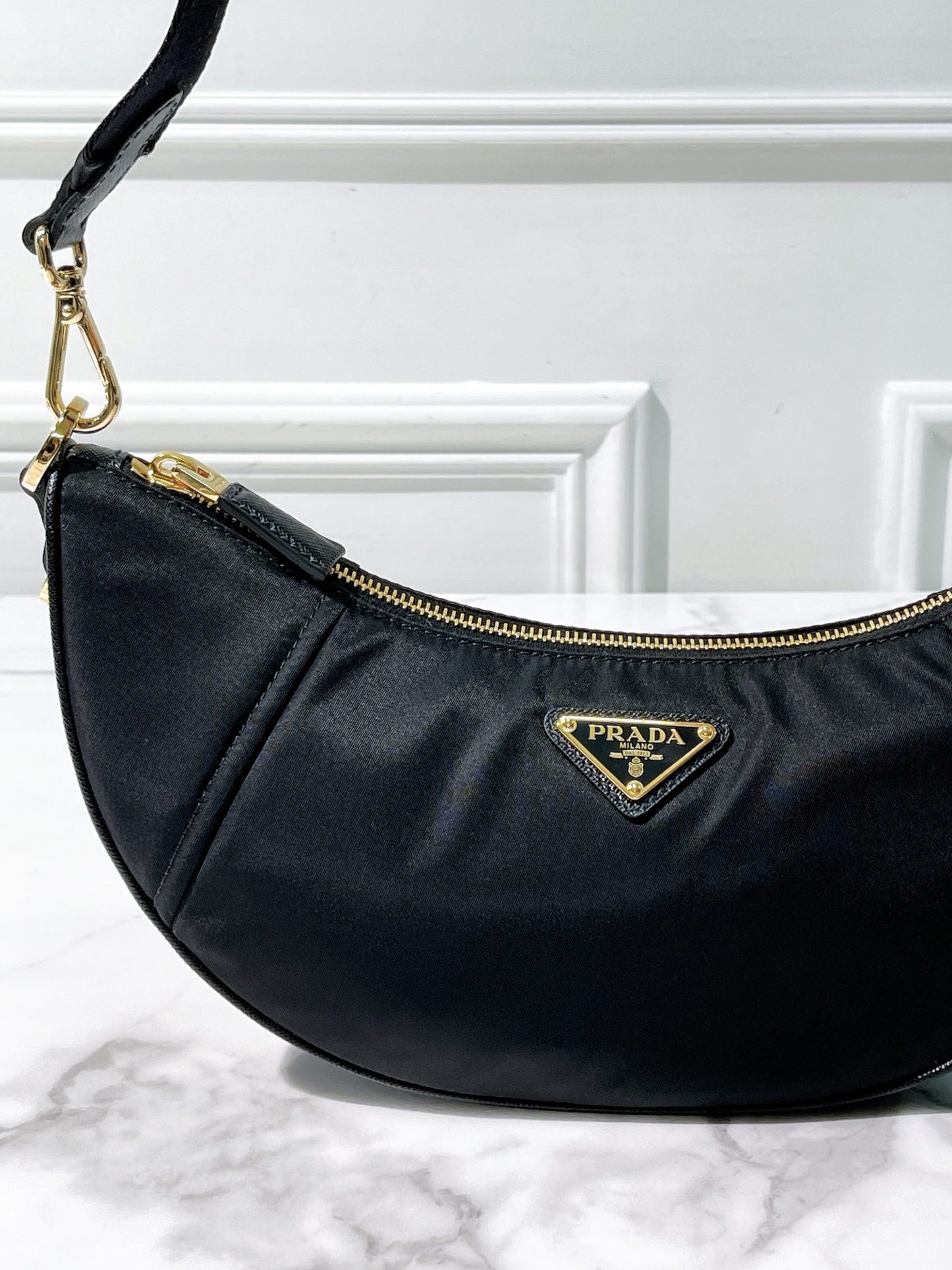 PRADA DEMI-LUNE SHOULDER BAG, Black/Gold
