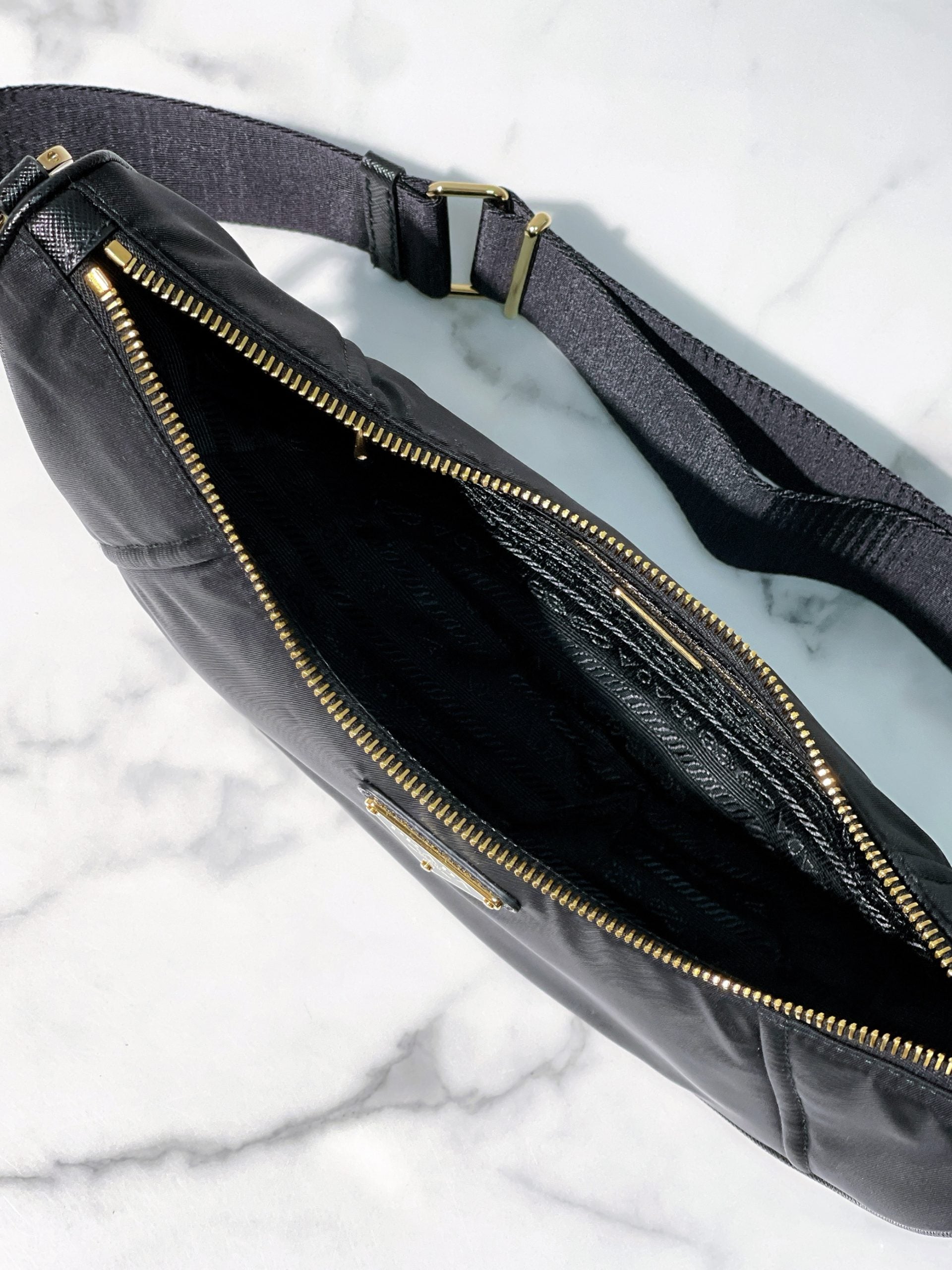 PRADA DEMI-LUNE SHOULDER BAG, Black/Gold