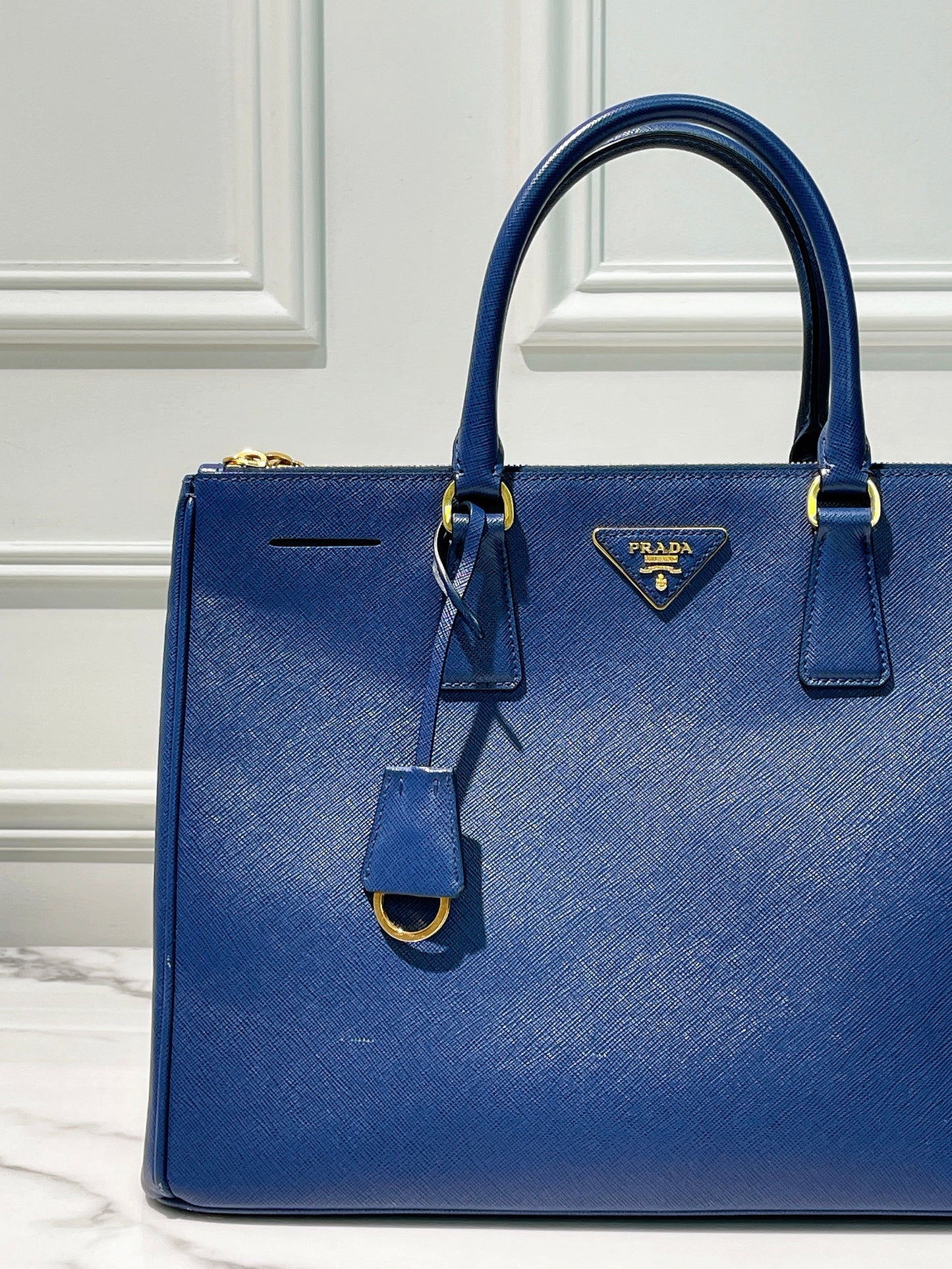 PRADA LARGE GALLERIA BAG, Blue/Gold