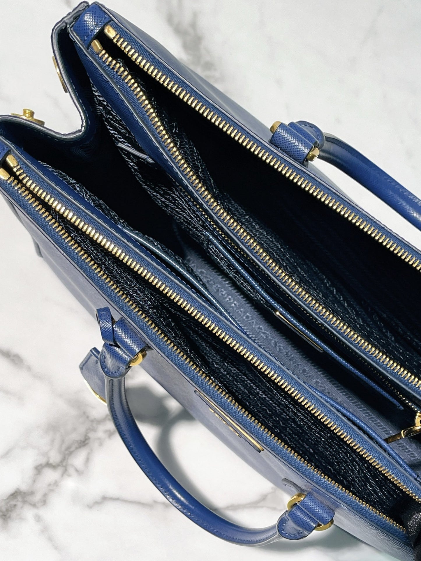 PRADA LARGE GALLERIA BAG, Blue/Gold